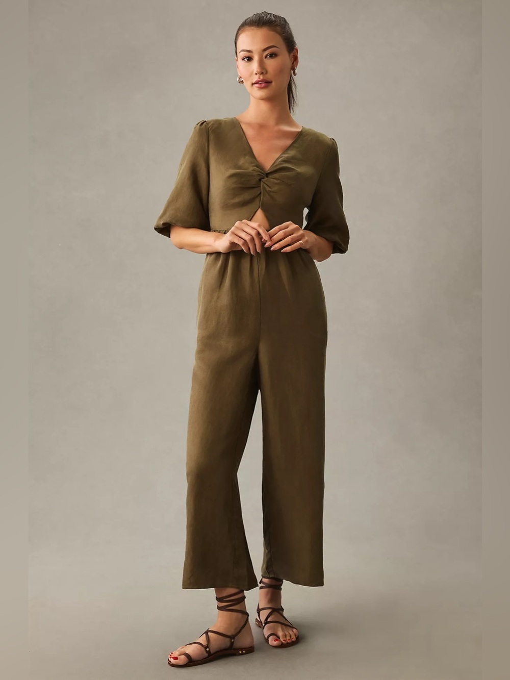 NWT Anthropologie Sancia The Aida Twist-Front Jumpsuit Olive Moss Green Wide-Leg